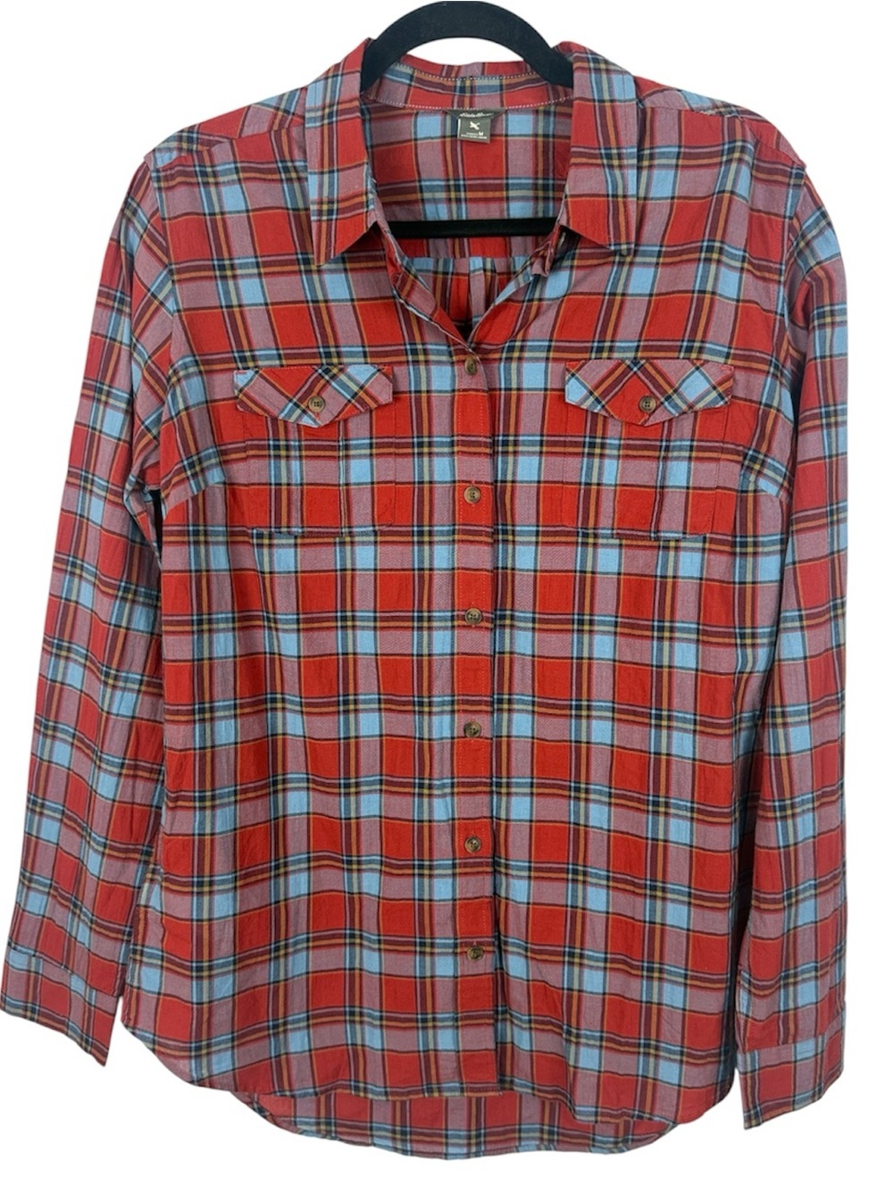 Eddie Bauer Plaid Button Down Shirt Medium Red Blue Cotton Blend